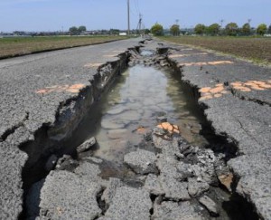 A road fell apart before rice planting season (in Mashiki-cho, Kumamoto Prefecture)