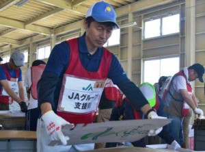 Members of the JA volunteer team are working up a good sweat at the grading facility of horticultural products. (Uki-shi, Kumamoto prefecture)