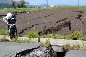 Multiple huge fissures caused by the April 16 earthquake run in a paddy field. (Aso-shi, Kumamoto prefecture)