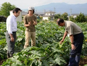 Members of the farmer-support team of JA Saku-Asama visit one of the agricultural newcomers at his farm to hear his requests to the JA. (Saku-shi, Nagano prefecture)