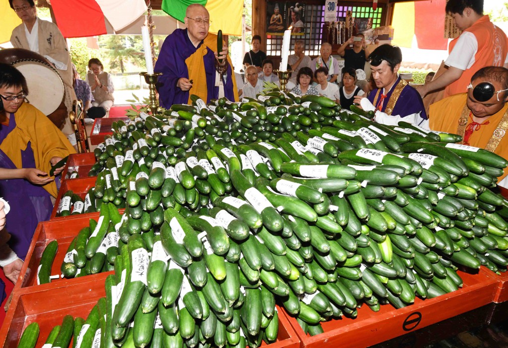 The main hall of the temple was filled with cucumbers. Chief Buddhist pastor gave a prayer to each cucumber. (in Saijo-shi, Ehime Prefecture)