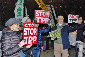 People gathered in protest against lawmakers’ decision on TPP ratification (In Nagatacho, Tokyo, on Nov. 10, 2016)