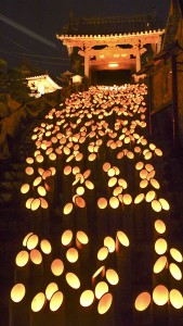 A long step toward a temple was completely covered by the bamboo lanterns.