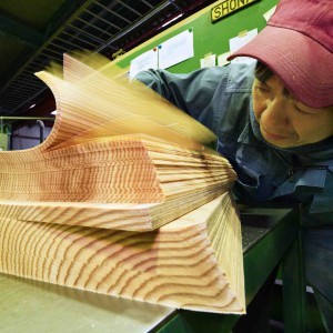 Cedar logs from forest thinning are sliced into 0.5-mm-thin sheets in Umaji, Kochi Prefecture.