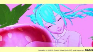 A Virtual idol Hatsune Miku is singing a song of “OISHII TRIP”, hugging a giant Japanese strawberry. (© The Ministry of Agriculture, Forestry and Fisheries of Japan)