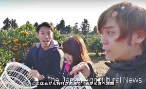A screen shot of a YouTube video created by the town of Hibi, Oita Prefecture, shows YouTubers from Asia experience mikan tangerine picking at a tourism farm in the town.