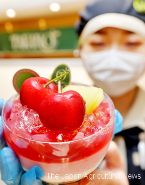 A cake featuring new Aomori-born cherry 'Junoheart" (on July 3 in Shinjuku, Tokyo)