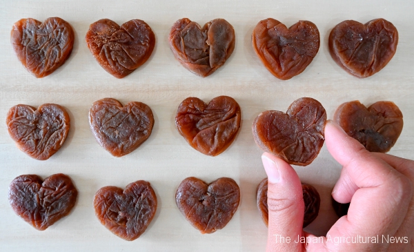 Heart-shaped ume-boshi are made by drying and molding in frames. (In Wakayama City, Wakayama Prefecture)
