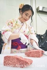 Marika Watanabe cutting a block of beef, wearing traditional long-sleeve kimono. (In Himeji City, Hyogo Prefecture)