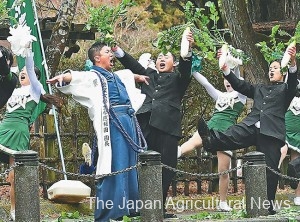 Tokyo University of Agriculture’s cheering squad performing "Daikon Odori" dance along the ekiden route  (January 2, in Hakone Town, Kanagawa Prefecture)