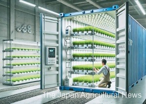 An image shows the Mizunoyume rice variety being cultivated indoors on multilayer shelves. PHOTO COURTESY OF AYUCHI