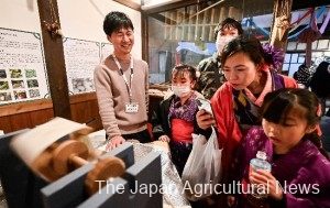 Visitors at a market held during the Chichibu Yomatsuri festival looks at the process of taking threads from cocoons.