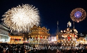 The six massive floats gather in front of the city hall in Chichibu, Saitama Prefecture, and fireworks are launched as the Chichibu Yomatsuri night festival comes to an end.